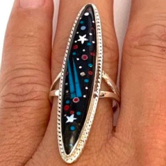 Cosmic space sterli silver 925 oval long ring shooting star moon cosmos universe - Picture 1 of 3